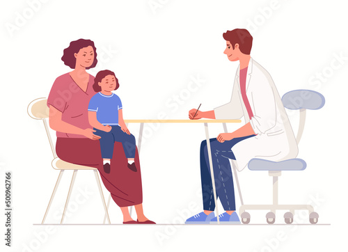 Family healthcare concept. Mother and child being examined by pediatrician. Doctor advises patients. Characters of illustration isolated on white background. Flat cartoon vector.