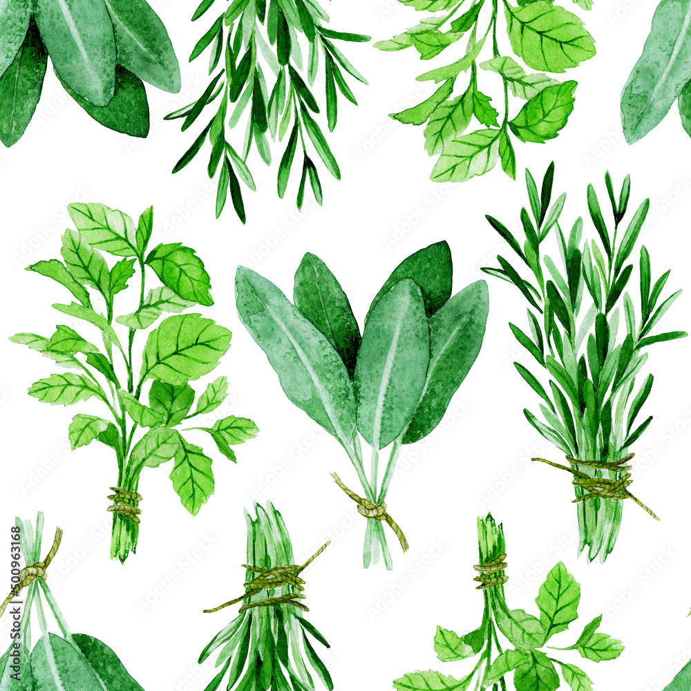 watercolor seamless pattern in vintage style. culinary herbs and spices on a white background. onion, basil, sage, rosemary mint
