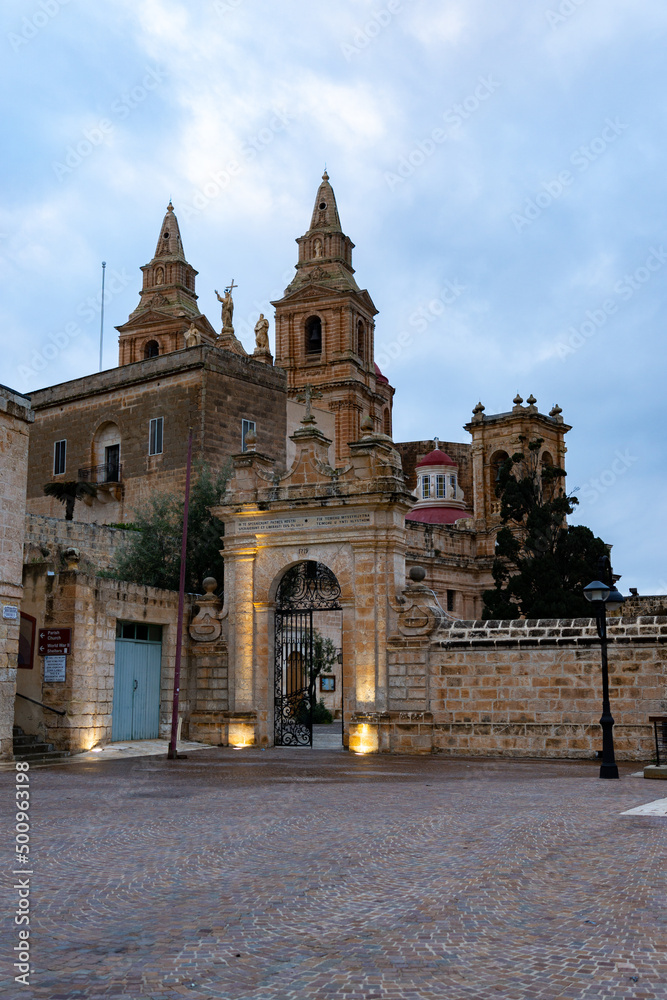 Part of the church of Mellieha at sunset