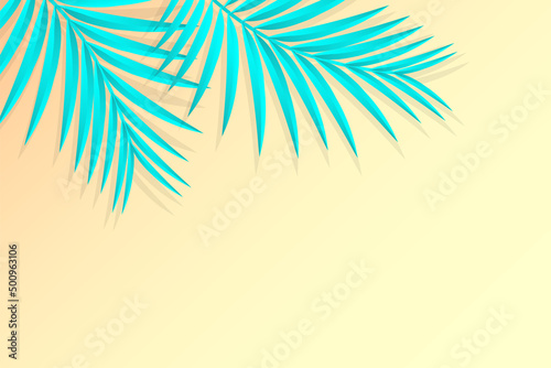 Blue tropical palm tree branches on the yellow background. Summer vector design.