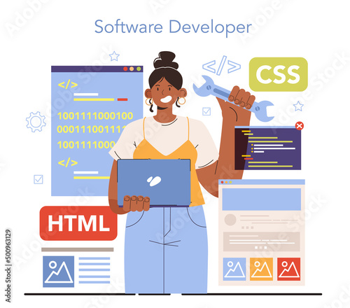 Diverse women in AI and STEM concept. Female character works with software.