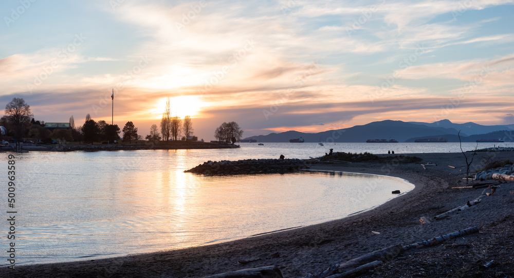 Panoramic View of Sunset Beach on the West Coast of Pacific Ocean. Modern City Park. Downtown Vancouver, British Columbia, Canada.