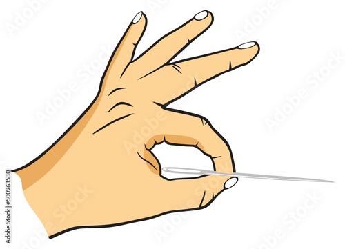 human hand holding needle vector drawing on isolated background pin held by thumb index finger pierce or touch object surface burst explode bubble concept illustration icon symbol sign stitching craft