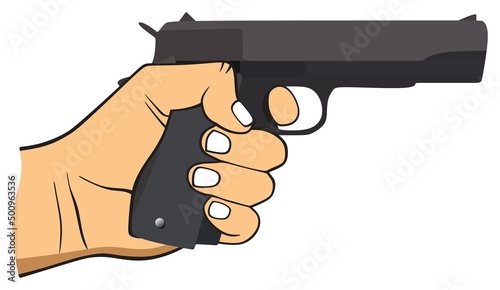 human hand holding gun vector drawing on isolated background cartoon weapon illustration shoot murder crime comic concept fire shot symbol sign icon pistol or revolver pointed shooter criminal man
