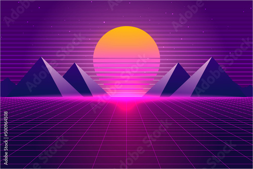 Retro Sci-Fi futuristic background 1980s and 1990s style 3d illustration. Digital landscape in a cyber world. For use as design cover.