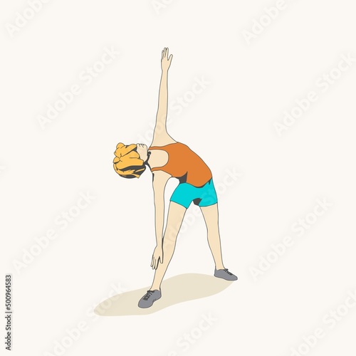 Young female workout. Sport girl doing stretching exercise. Casual sportwear - t-shirt, breeches and sneakers. Young woman wearing workout clothes. Sport fashion girl outline in urban casual style.