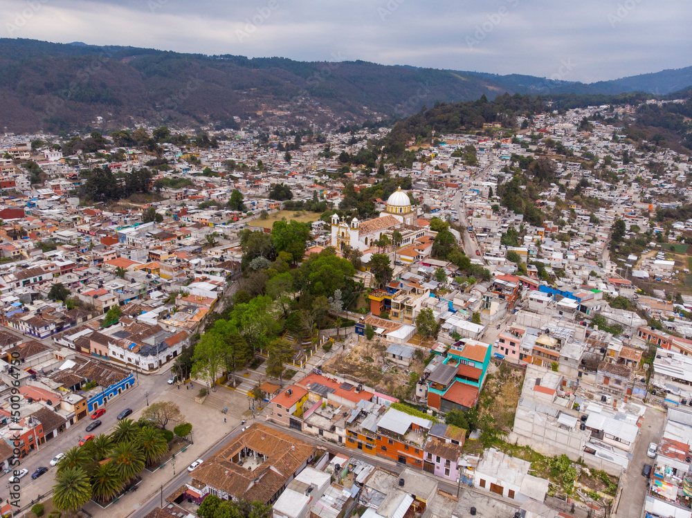 Aerial drone hsot of Guadalupe Church in San Cristobal de las Casas. Iglesia de Nuestra Senora de Guadalupe on the hill