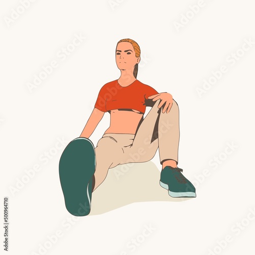 Sitting woman. Sport girl illustration. Casual sportwear - t-shirt, breeches and sneakers. Young woman wearing workout clothes. Sport fashion girl outline in urban casual style.
