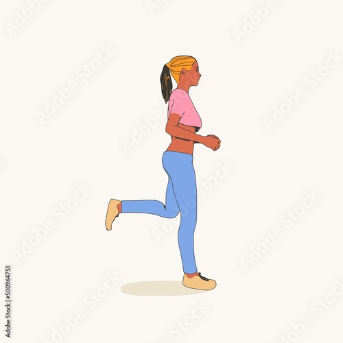 Running woman. Sport girl illustration. Casual sportwear - t-shirt, breeches and sneakers. Young woman wearing workout clothes. Sport fashion girl outline in urban casual style.