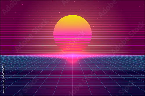 Retro Sci-Fi futuristic background 1980s and 1990s style 3d illustration. Digital landscape in a cyber world. For use as design cover.