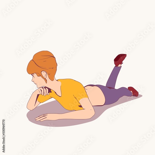 Lying woman. Sport girl illustration. Casual sportwear - t-shirt, breeches and sneakers. Young woman wearing workout clothes. Sport fashion girl outline in urban casual style.
