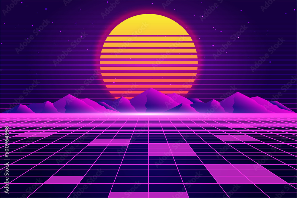 Retro Sci-Fi futuristic background 1980s and 1990s style 3d illustration. Digital landscape in a cyber world. For use as design cover. - obrazy, fototapety, plakaty 