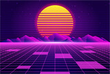 Retro Sci-Fi futuristic background 1980s and 1990s style 3d illustration. Digital landscape in a cyber world. For use as design cover.