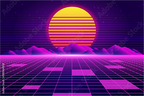 Retro Sci-Fi futuristic background 1980s and 1990s style 3d illustration. Digital landscape in a cyber world. For use as design cover.