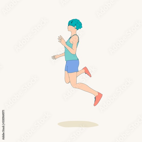 Jumping beautiful woman. Sport girl illustration. Young woman wearing workout clothes. Sport fashion girl outline in urban casual style.
