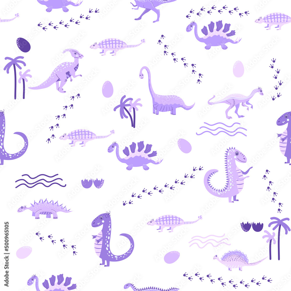 Cute dinosaurs seamless pattern. Solid pattern, shades of blue, green, pink, orange, purple, gray. Funny cartoon dinosaur