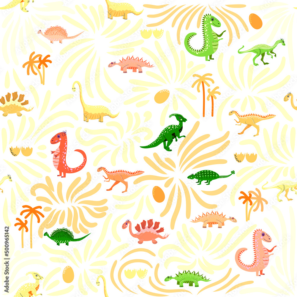Cute dinosaurs seamless pattern. Solid pattern, shades of blue, green, pink, orange, purple, gray. Funny cartoon dinosaur Cute dinosaurs seamless pattern. Solid pattern, shades of blue, green, pink, orange, purple, gray. Funny cartoon dinosaur