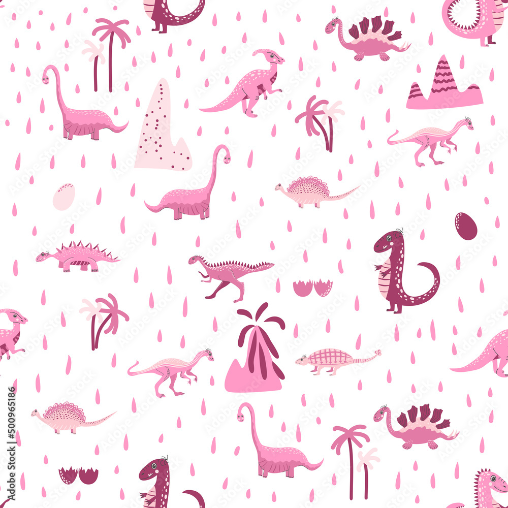 Cute dinosaurs seamless pattern. Solid pattern, shades of blue, green, pink, orange, purple, gray. Funny cartoon dinosaur Cute dinosaurs seamless pattern. Solid pattern, shades of blue, green, pink, orange, purple, gray. Funny cartoon dinosaur
