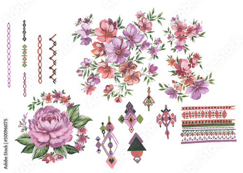 Wallpaper Mural artsitc hand painted set with flower motifs, border, gemoetric and tile motifs. In muted pink , beige, olive green colors. Large scale peony flower in a circle of flowers and ditsy flowers. Torontodigital.ca