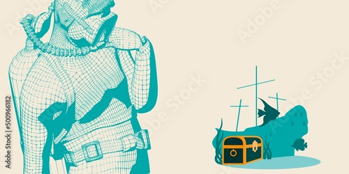 Silhouette of diver. Underwater world background. Underwater landscape with sunken ship and treasure chest. Marine life and fauna.