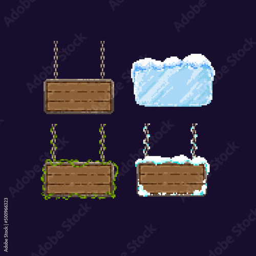 Pixel art set signboards. Variants for different seasons. Place for inscription. For games and mobile applications.