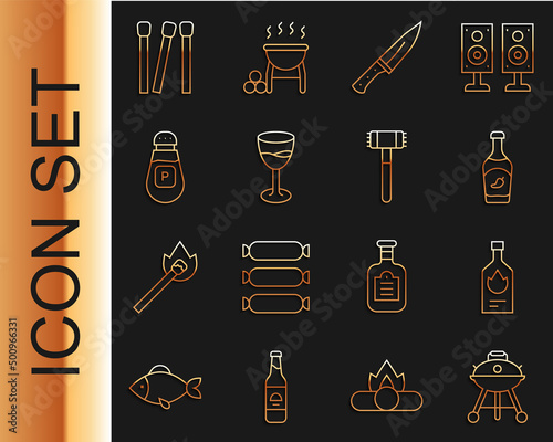 Set line Barbecue grill, Tabasco sauce, Ketchup bottle, Meat chopper, Wine glass, Pepper, Matches and Kitchen hammer icon. Vector