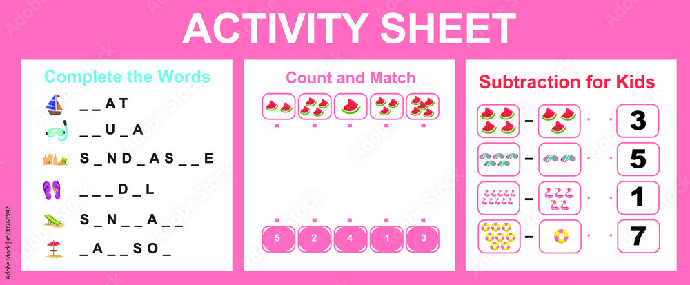 Activity sheet for children. Educational printable worksheet. Summer worksheet theme. Motor skills education. Vector illustrations. Activity sheet for children. Educational printable worksheet. Summer worksheet theme. Motor skills education. Vector illustrations.