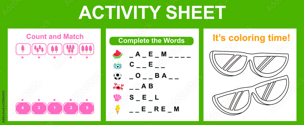 Activity sheet for children. Educational printable worksheet. Summer worksheet theme. Motor skills education. Vector illustrations.