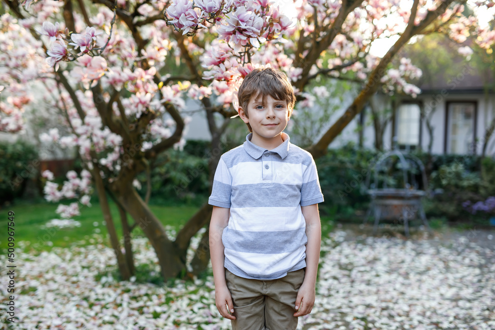 adorable blonde kid boy portrait in blooming cherry or magnolia garden, walking outdoor. Happy smiling school child. adorable blonde kid boy portrait in blooming cherry or magnolia garden, walking outdoor. Happy smiling school child.