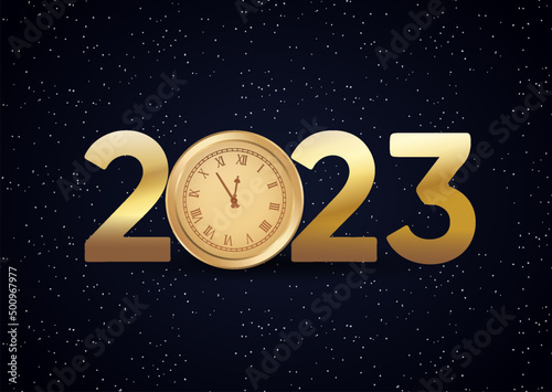 Gold Happy New Year 2023 with clock face and burst glitter sparkles on black background. Vector illustration. Merry Christmas template design for posters, flyers, brochures, or vouchers