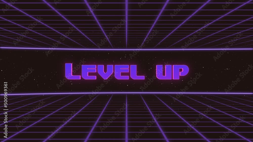 Level Up Title Animated Retro Futuristic 80s 90s Style. Animation squares and retro background
