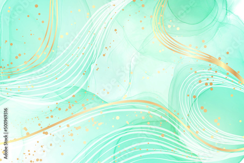 Royal cyan mint liquid marble watercolor background with white lines and brush stains. Teal turquoise marbled alcohol ink drawing effect. Vector illustration backdrop, watercolour wedding invitation
