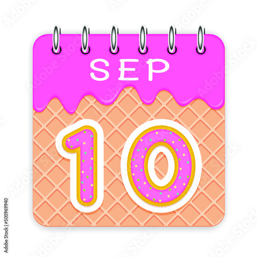 10 day of a month. September. Waffle cone calendar with melted ice cream. 3d daily icon. Date. Week Sunday, Monday, Tuesday, Wednesday, Thursday, Friday, Saturday. White background Vector illustration photo