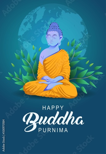 Happy Vesak Day Budha Purnima With blue Background Silhouette Vector Illustration design