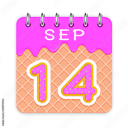 14 day of a month. September. Waffle cone calendar with melted ice cream. 3d daily icon. Date. Week Sunday, Monday, Tuesday, Wednesday, Thursday, Friday, Saturday. White background Vector illustration