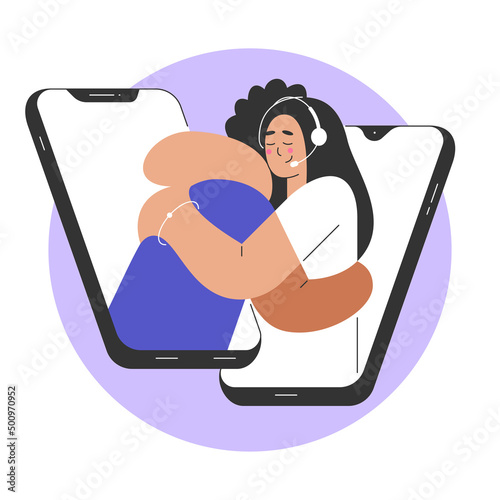 Vector illustration with hugging people on background of smartphone in flat cartoon style with outline. Helpdesk, telephone helpline, hotline operator communication, call center. Isolated template