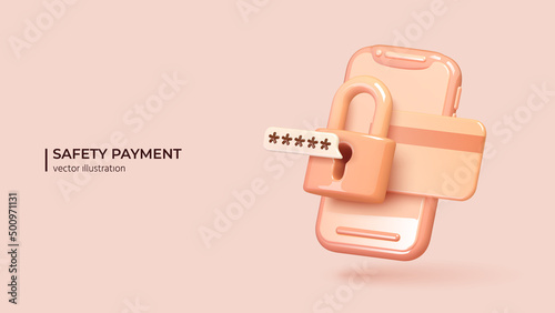 Safety payments concept. Realistic 3d design of padlock with password on smart wallet and credit card over smartphone. The concept of mobile phone and personal data protection. Vector illustration