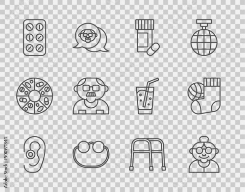 Set line Hearing aid, Grandmother, Medicine bottle pills, Eyeglasses, Pills blister pack, Grandfather, Walker and Socks icon. Vector