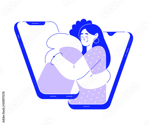 Vector illustration with hugging people on background of smartphone in flat style, outline. Virtual support service, helpdesk, telephone helpline, online assistant. Isolated template, line art
