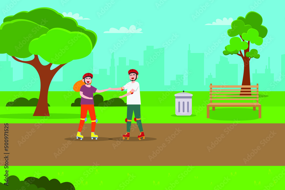 Leisure time vector concept. Young man helping his girlfriend to playing roller skate in the park while enjoying leisure time together