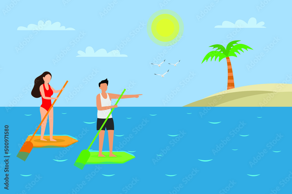 Summer holiday vector concept. Young couple standing on the paddle board while enjoying summer holiday at tropical beach