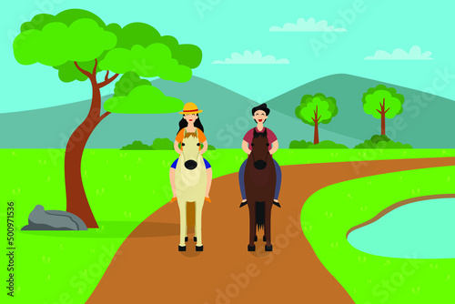 Horse riding vector concept. Romantic couple riding horse at the park while enjoying leisure time together