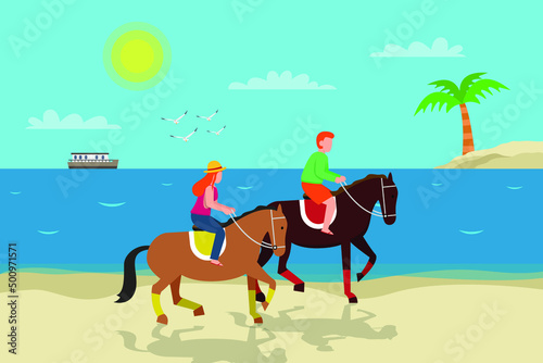 Horse riding vector concept. Young couple riding horse on the beach while enjoying leisure time together © Creativa Images