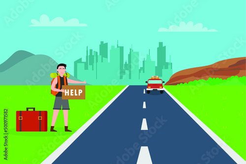 Hitchhiking vector concept. Young man holding a help word while hitchhiking with passing car on the road