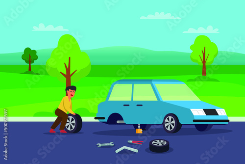 Broken car vector concept. Young man replacing a tire on the car while doing road trip