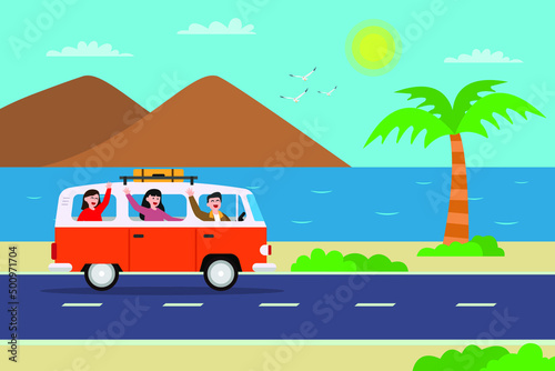 Road trip vector concept. Group of young people enjoying road trip while driving a van on the road with beach background