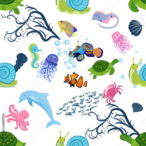 Marine life, fish, animals bright seamless pattern. sea travel, underwater diving animal tropical fish. Jellyfish, whale, shark, seahorse, clown fish, dolphin, turtle, emperor