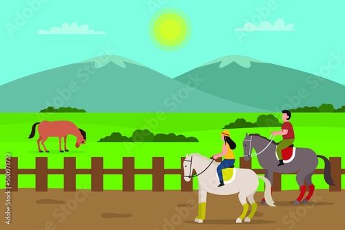 Horse riding vector concept. Happy young couple riding horse in the farmland while enjoying leisure time together