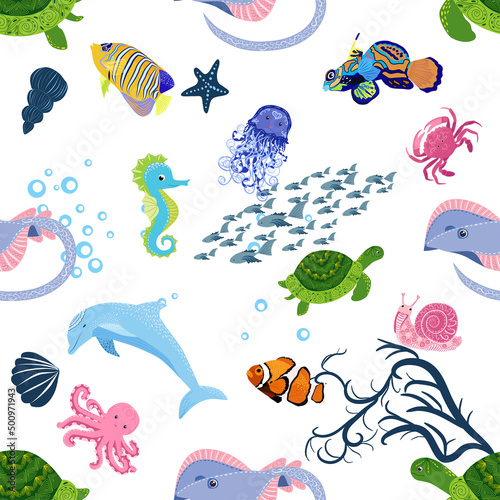 Marine life, fish, animals bright seamless pattern. sea travel, underwater diving animal tropical fish. Jellyfish, whale, shark, seahorse, clown fish, dolphin, turtle, emperor