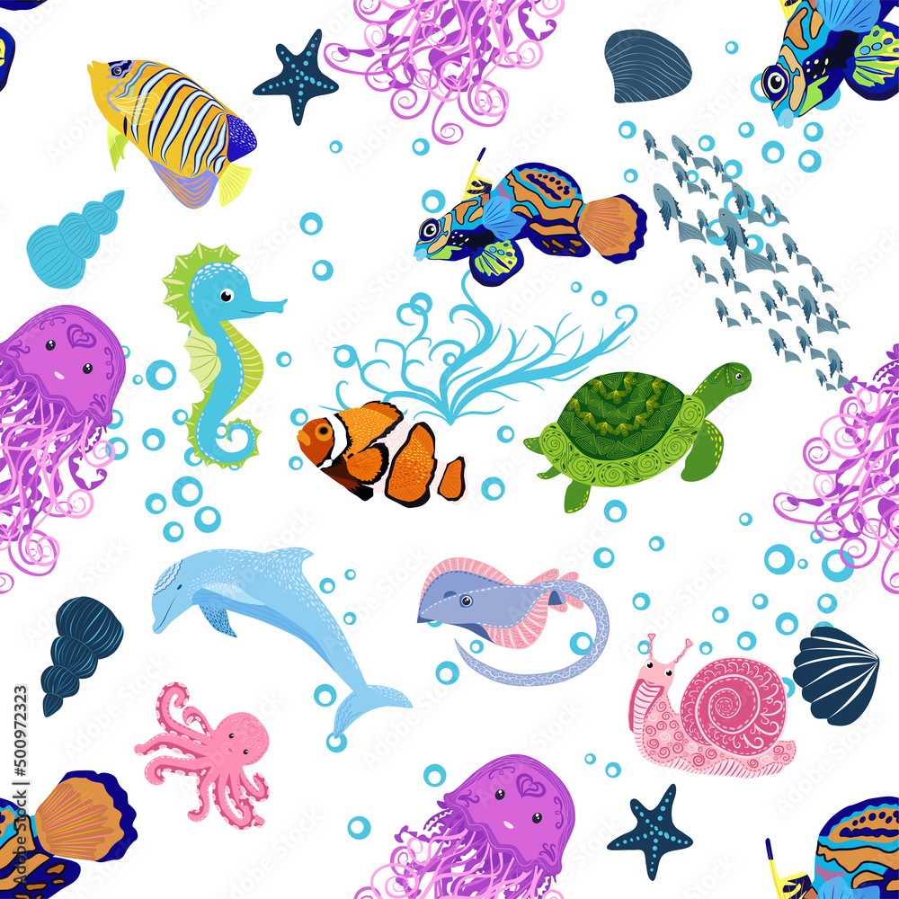Marine life, fish, animals bright seamless pattern. sea travel, underwater diving animal tropical fish. Jellyfish, whale, shark, seahorse, clown fish, dolphin, turtle, emperor